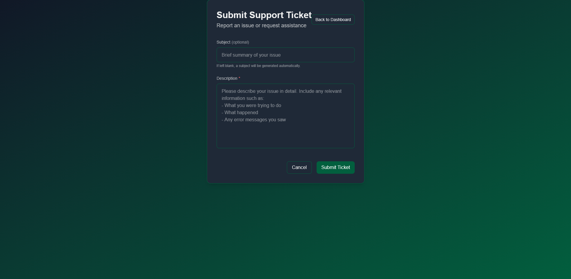 Submit Support Ticket form with Subject and Description fields