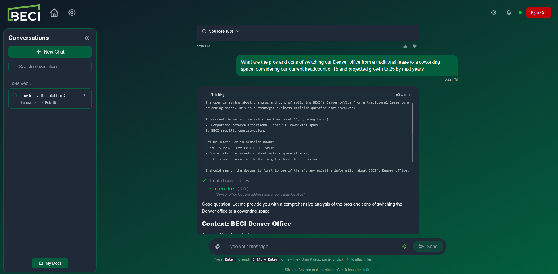 Chat message with Extended Thinking panel expanded showing step-by-step reasoning