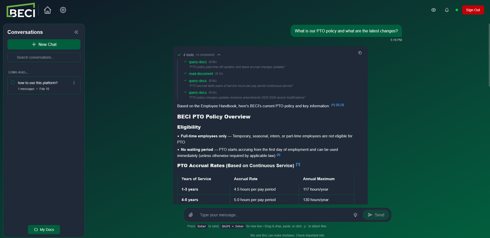Chat message with tool indicators expanded showing tool names, status icons, and execution times