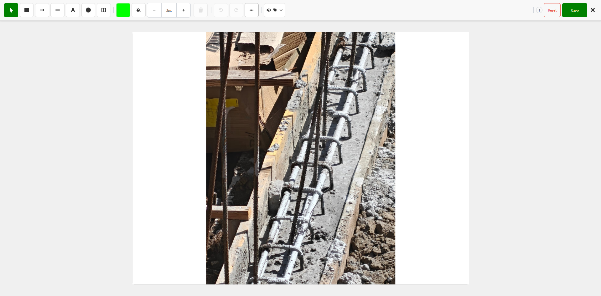 Image Editor modal showing the top toolbar with all drawing tools, color picker, size slider, undo/redo buttons, and Reset/Save buttons with a photo in the center