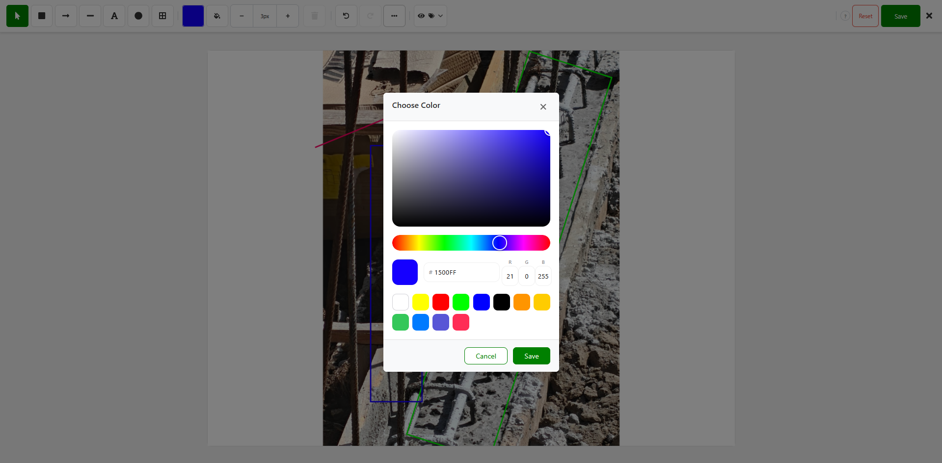 Choose Color picker modal with hue slider, saturation/lightness area, hex input, preset color swatches, and Cancel and Save buttons