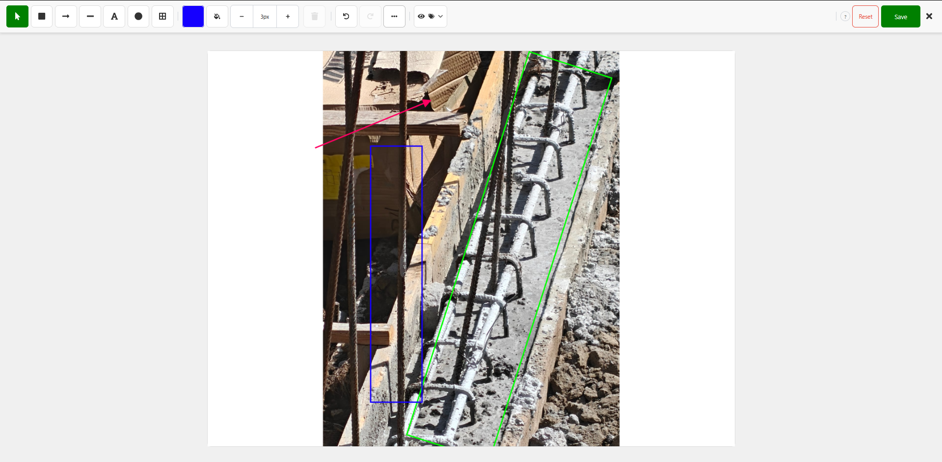 Image Editor canvas with a red arrow, blue box, and green line annotating different parts of a construction photo