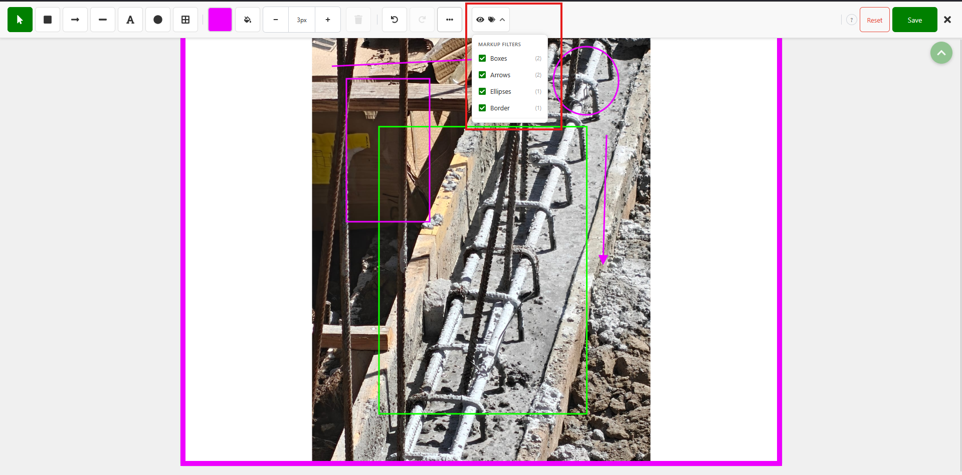 Image Editor with the annotation visibility filter dropdown open in the toolbar, showing checkboxes for Box, Arrows, Ellipse, and Border