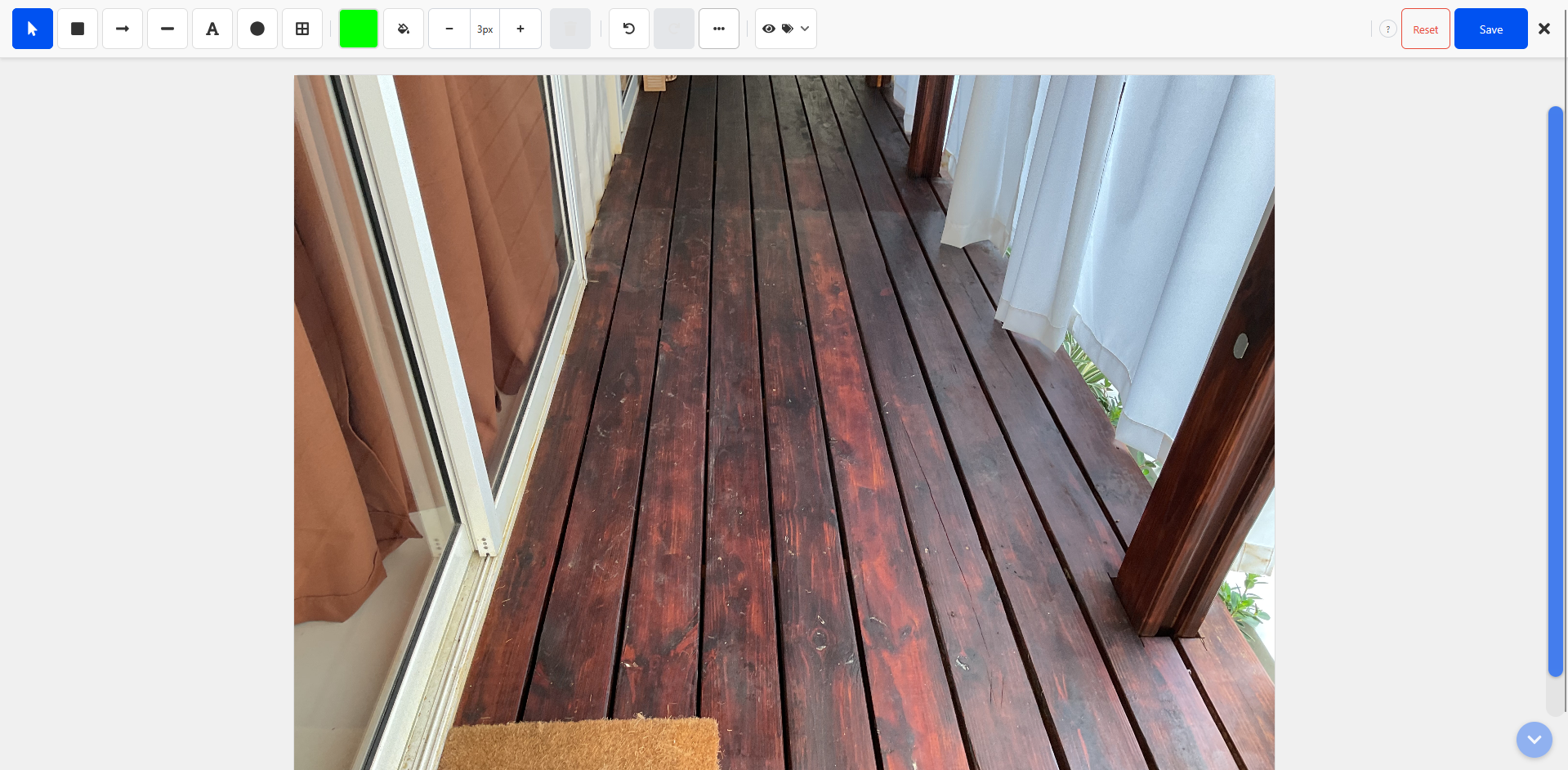 SuperClear AI Image Editor with toolbar, canvas showing a photo of wooden decking, and annotation tools visible