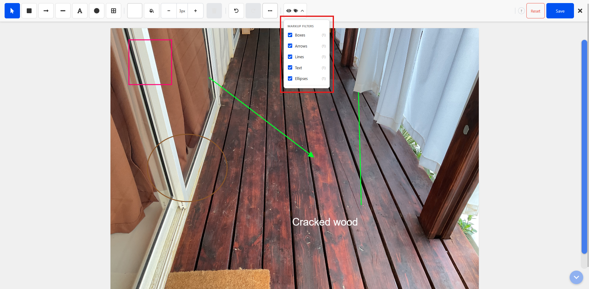 Visibility filter dropdown open with checkboxes for annotation types and condition tags, with annotations and text label visible on the photo