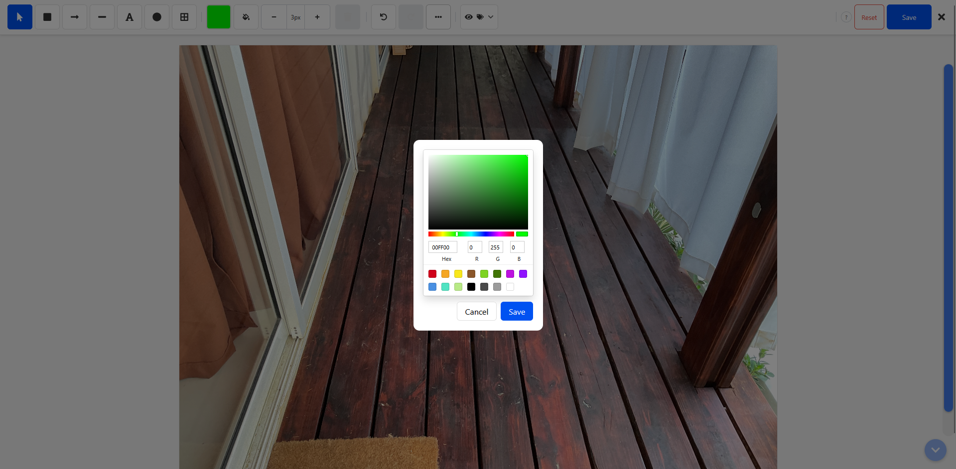 Color picker modal open with hue-saturation area, preset swatches, and Cancel and Save buttons