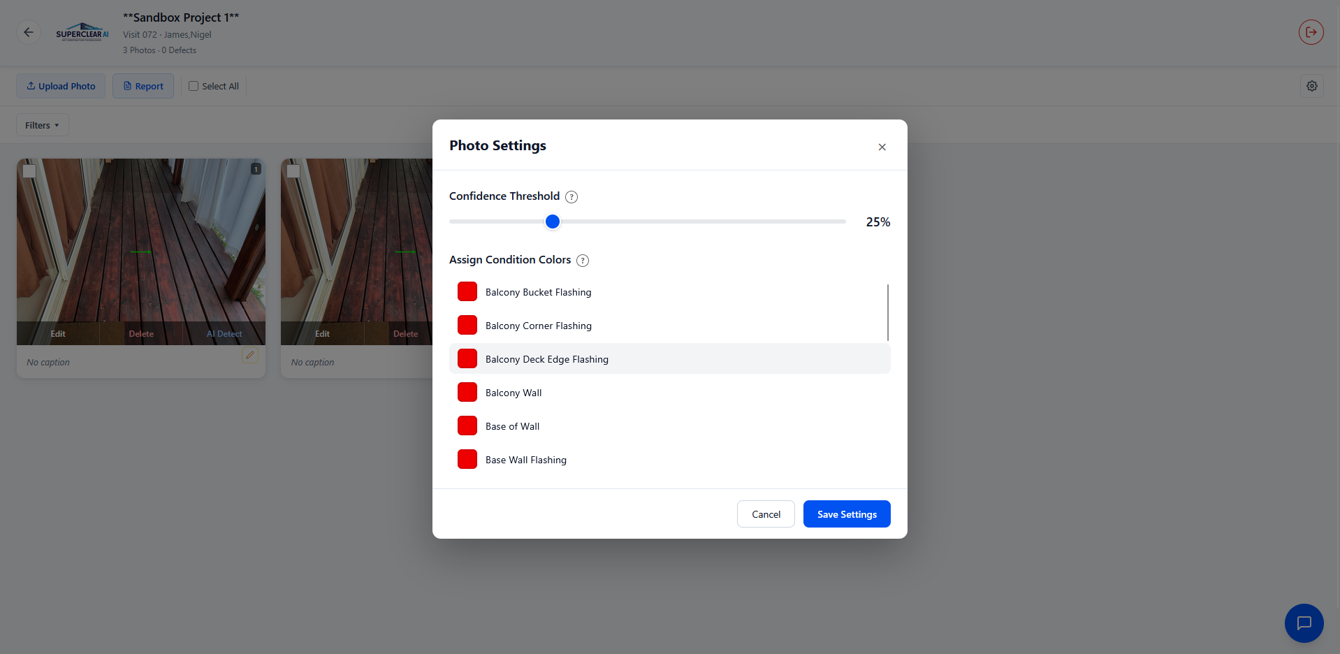 Photo Settings modal with Confidence Threshold slider at 25% and Assign Condition Colors list showing condition names with red swatches