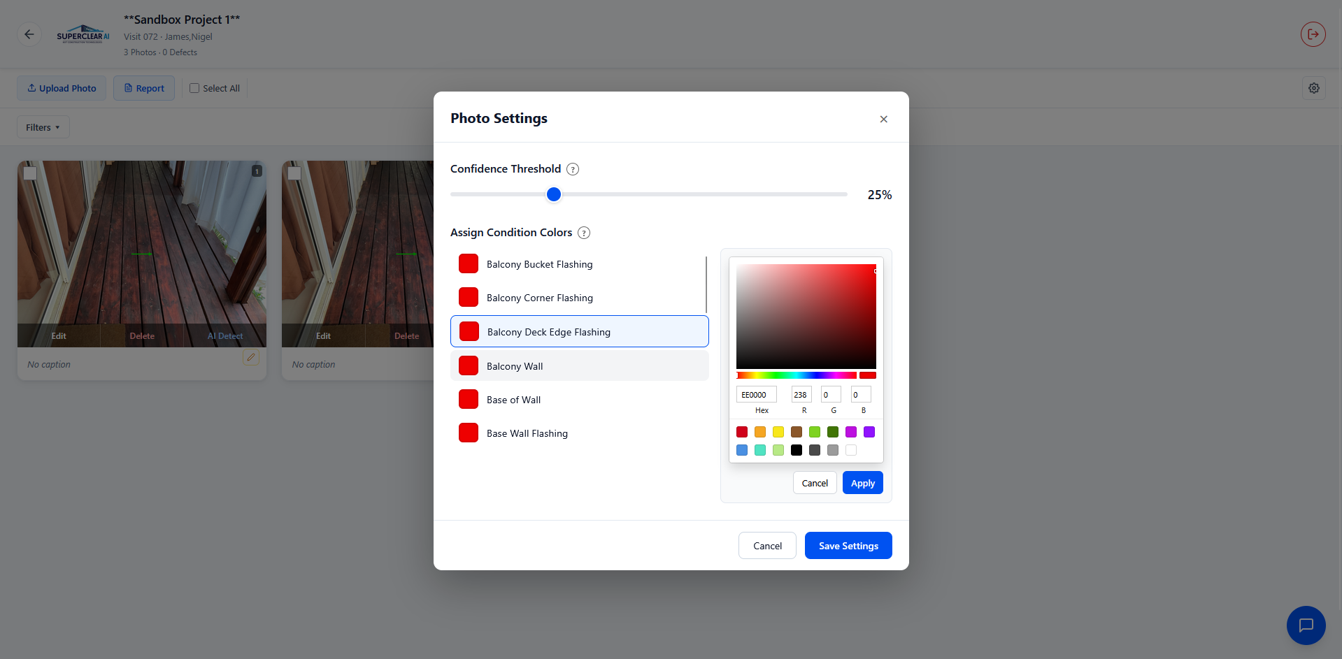 Photo Settings with Balcony Deck Edge Flashing selected and SketchPicker color picker expanded showing hue area, preset swatches, and Cancel and Apply buttons
