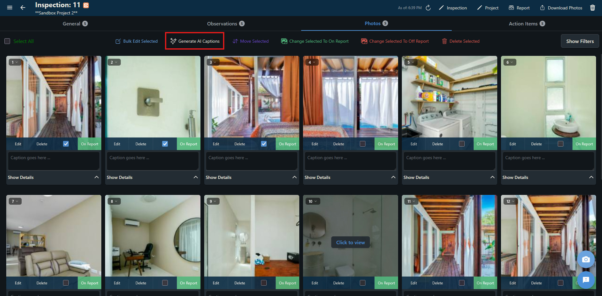 Photos tab bulk actions bar with the Generate AI Captions button highlighted