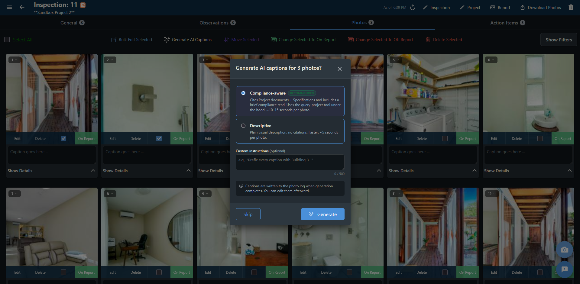 Generate AI captions dialog with the Compliance-aware and Descriptive options, custom instructions box, and Skip and Generate buttons