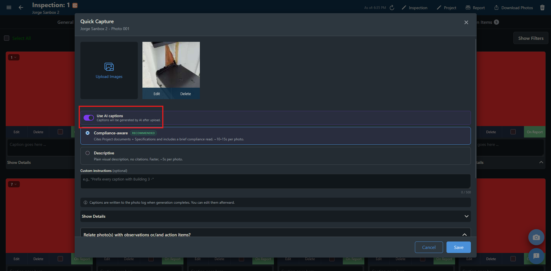 Quick Capture with the Use AI captions toggle on, the Compliance-aware and Descriptive mode picker, and the Custom instructions field
