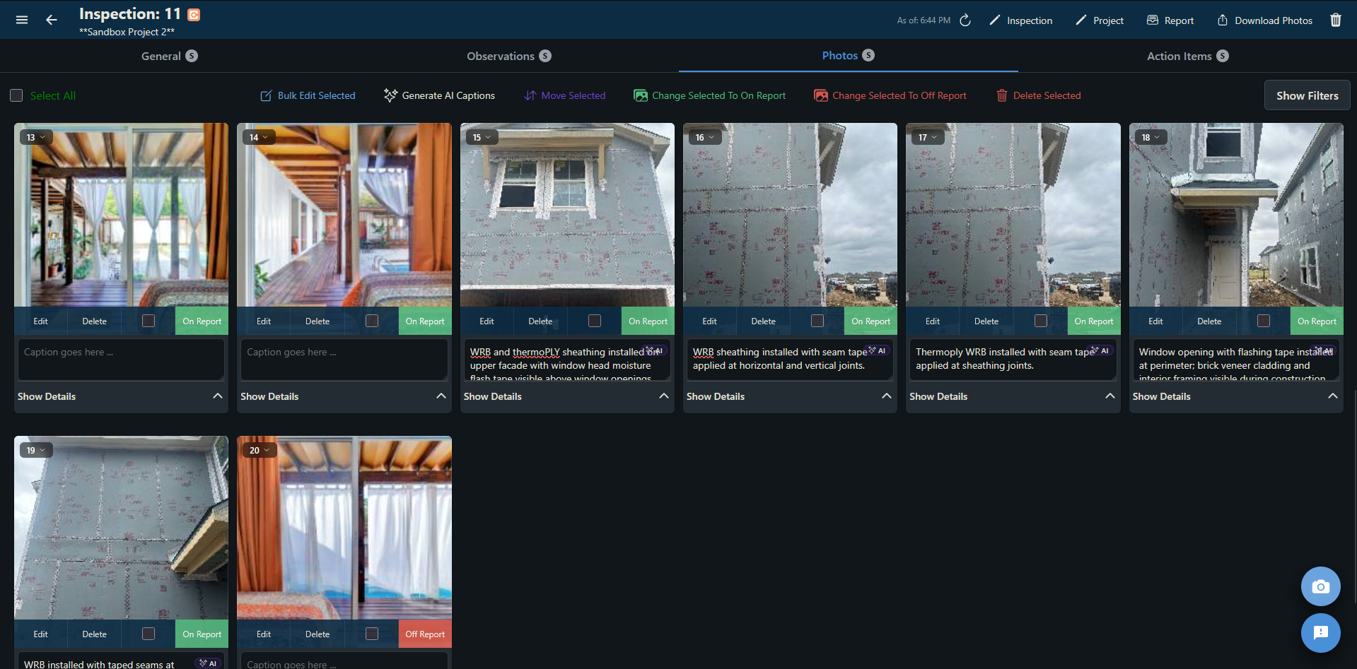 Photos tab showing AI-generated captions on construction photos, each marked with the AI badge