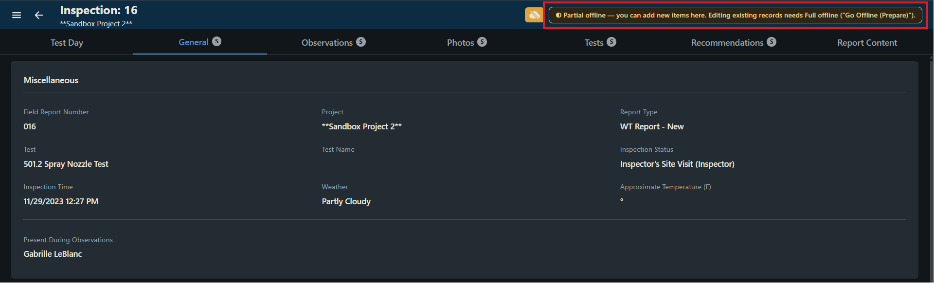 Inspection header showing the orange Partial offline banner: you can add new items here, but editing existing records needs Full offline