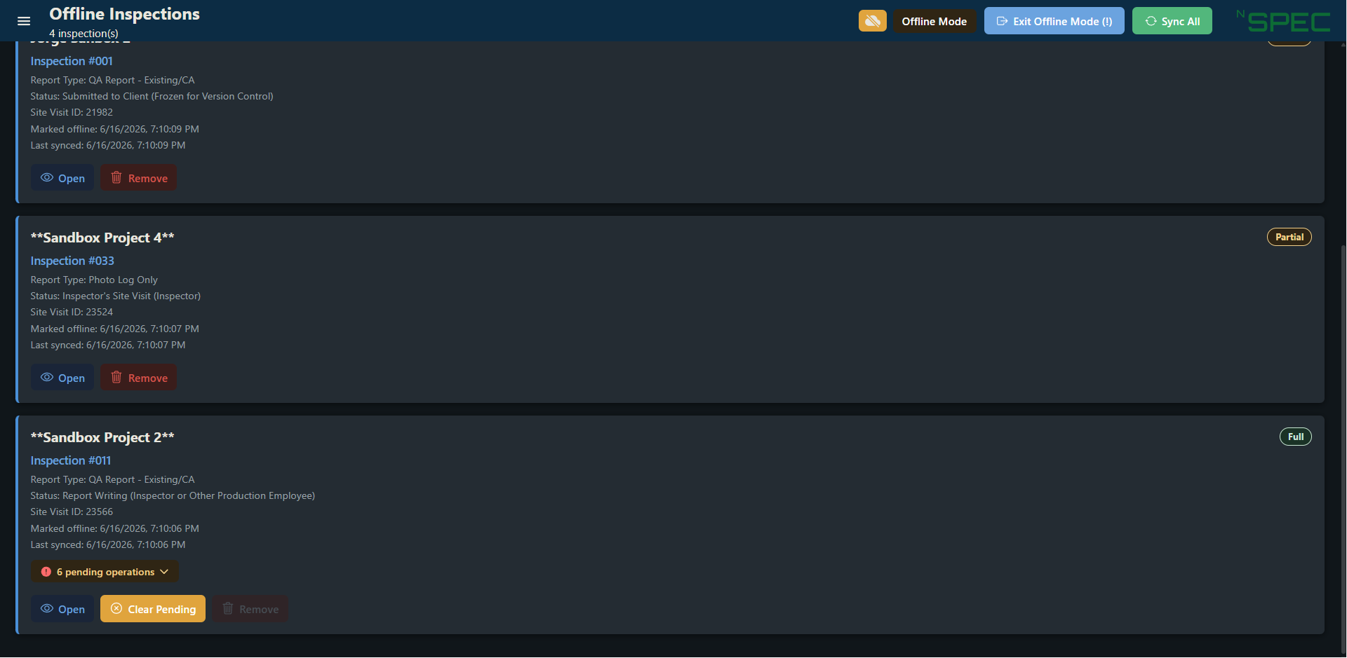 The Offline Hub in Offline Mode showing inspection cards with Full and Partial badges, a pending-operations count, and Open, Clear Pending, and Remove buttons