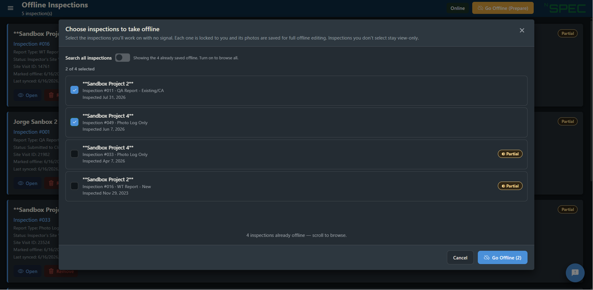 The Choose inspections to take offline window with the Search all inspections toggle, two inspections ticked, the selection counter, and the Go Offline (2) button