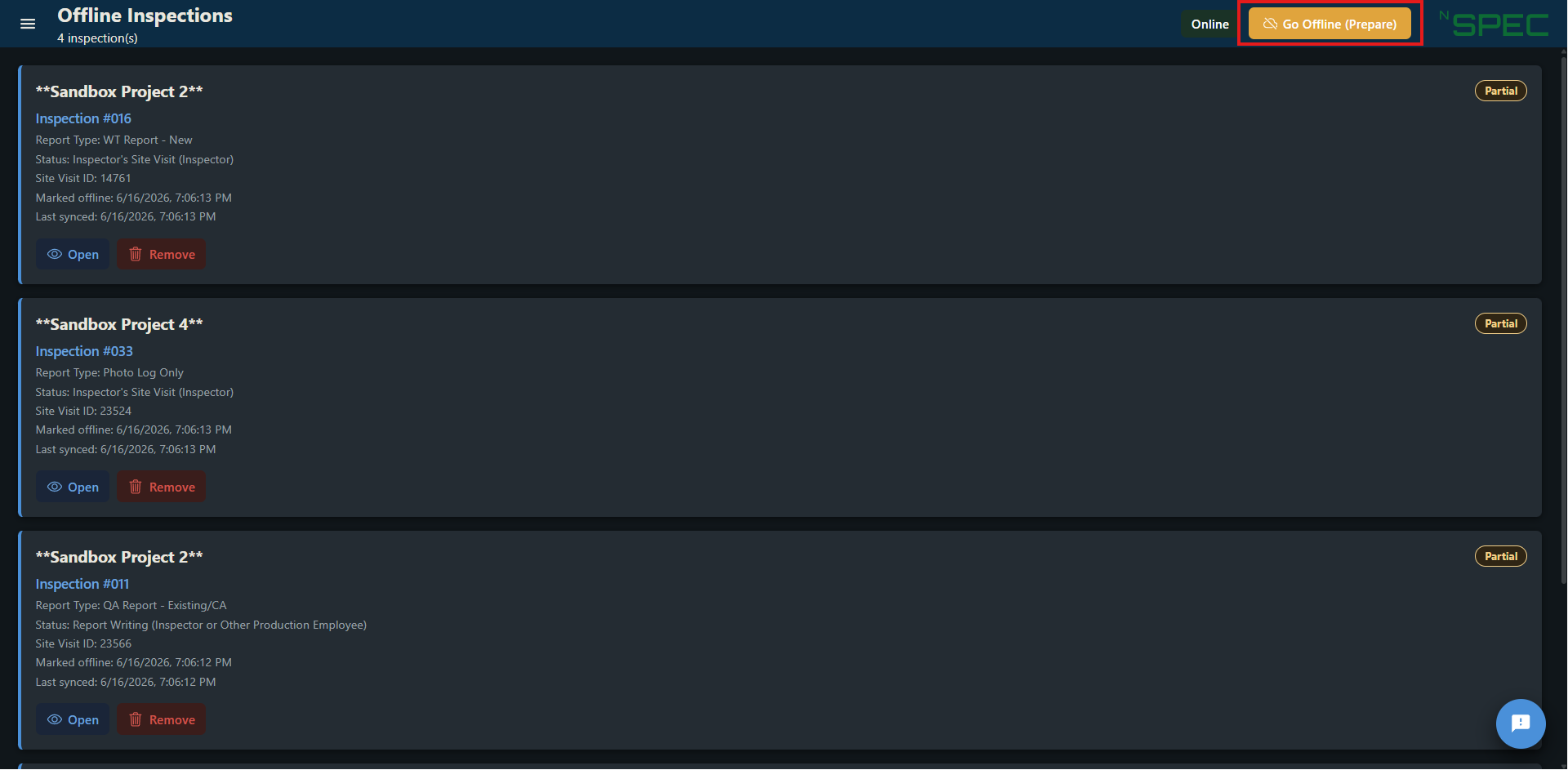 Offline Hub while online, showing the Online status badge and the Go Offline (Prepare) button highlighted in the top-right