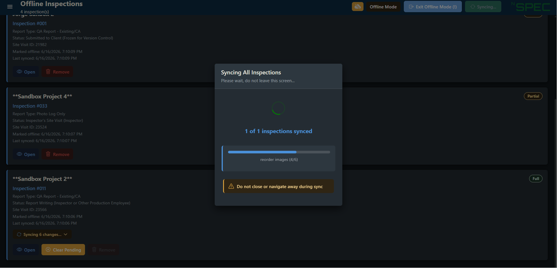 The Syncing All Inspections progress window showing inspections synced, a progress bar, and a do-not-close-or-navigate-away notice