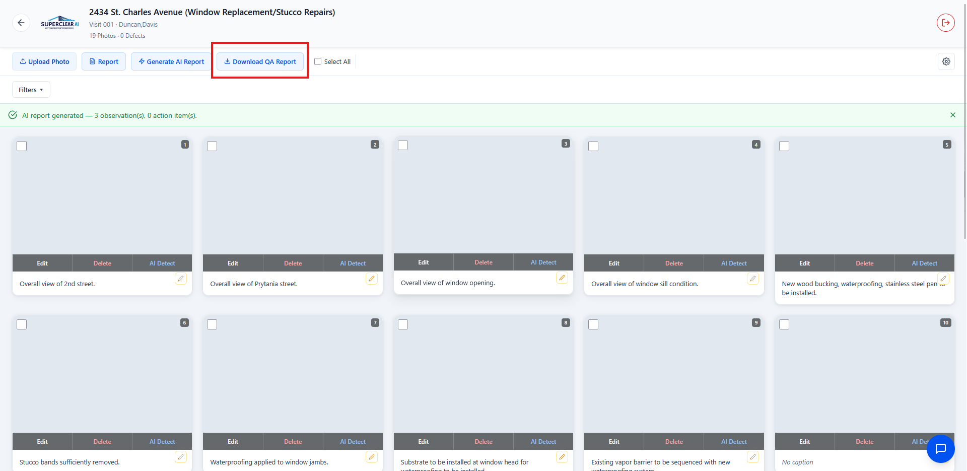 SuperClear AI toolbar with the Download QA Report button highlighted after a completed run