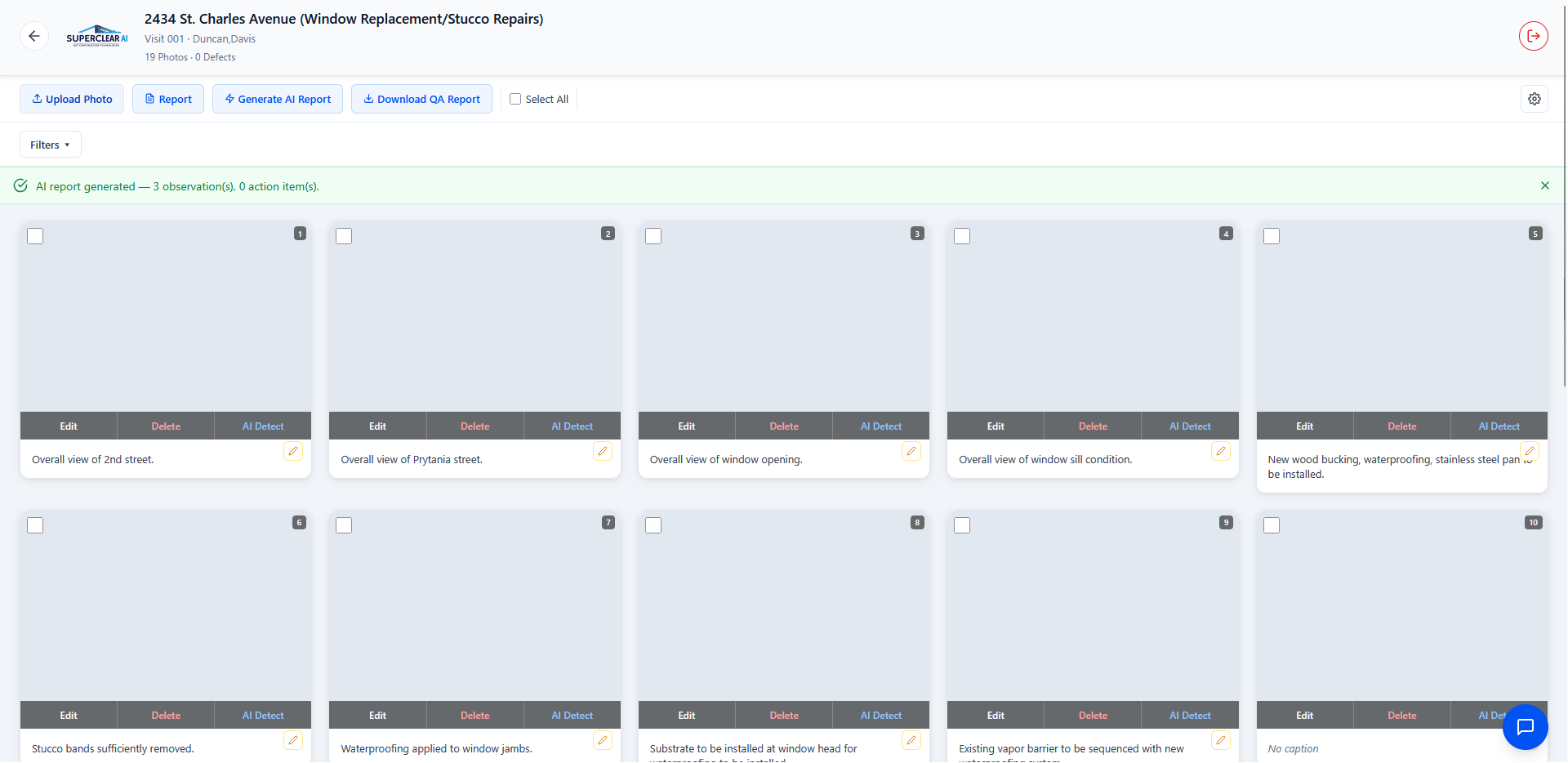 SuperClear AI toolbar with the Upload Photo, Report, Generate AI Report, and Download QA Report buttons