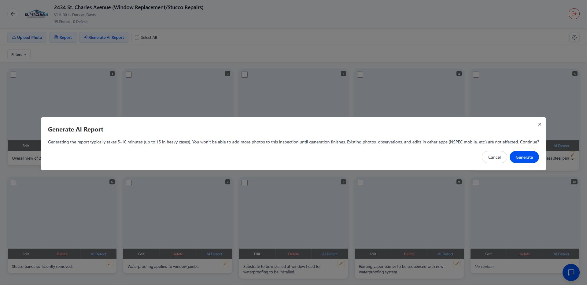 The Generate AI Report confirmation dialog noting generation takes 5 to 10 minutes, with Cancel and Generate buttons