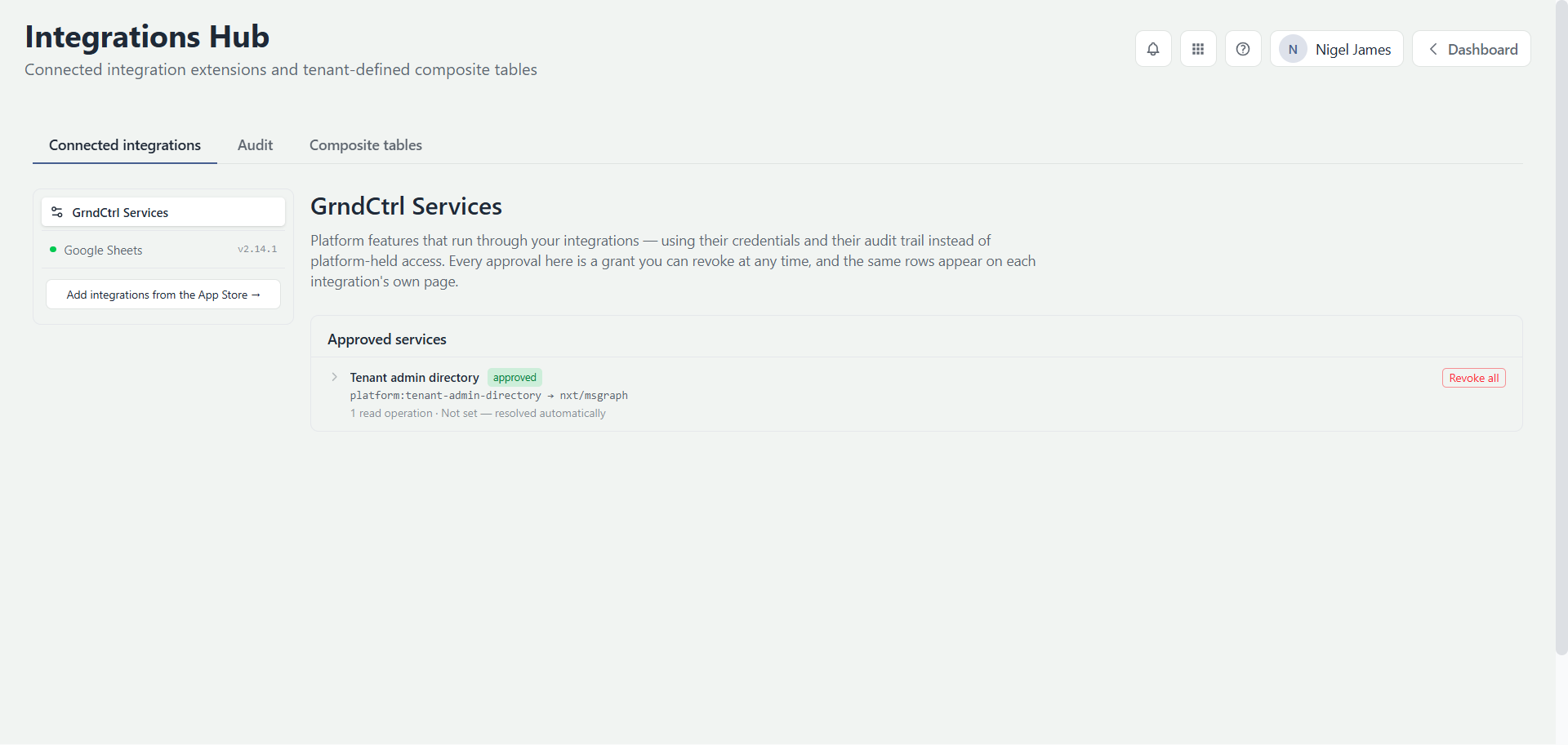 Integrations Hub on the Connected integrations tab, showing the GrndCtrl Services entry and the connected integrations list