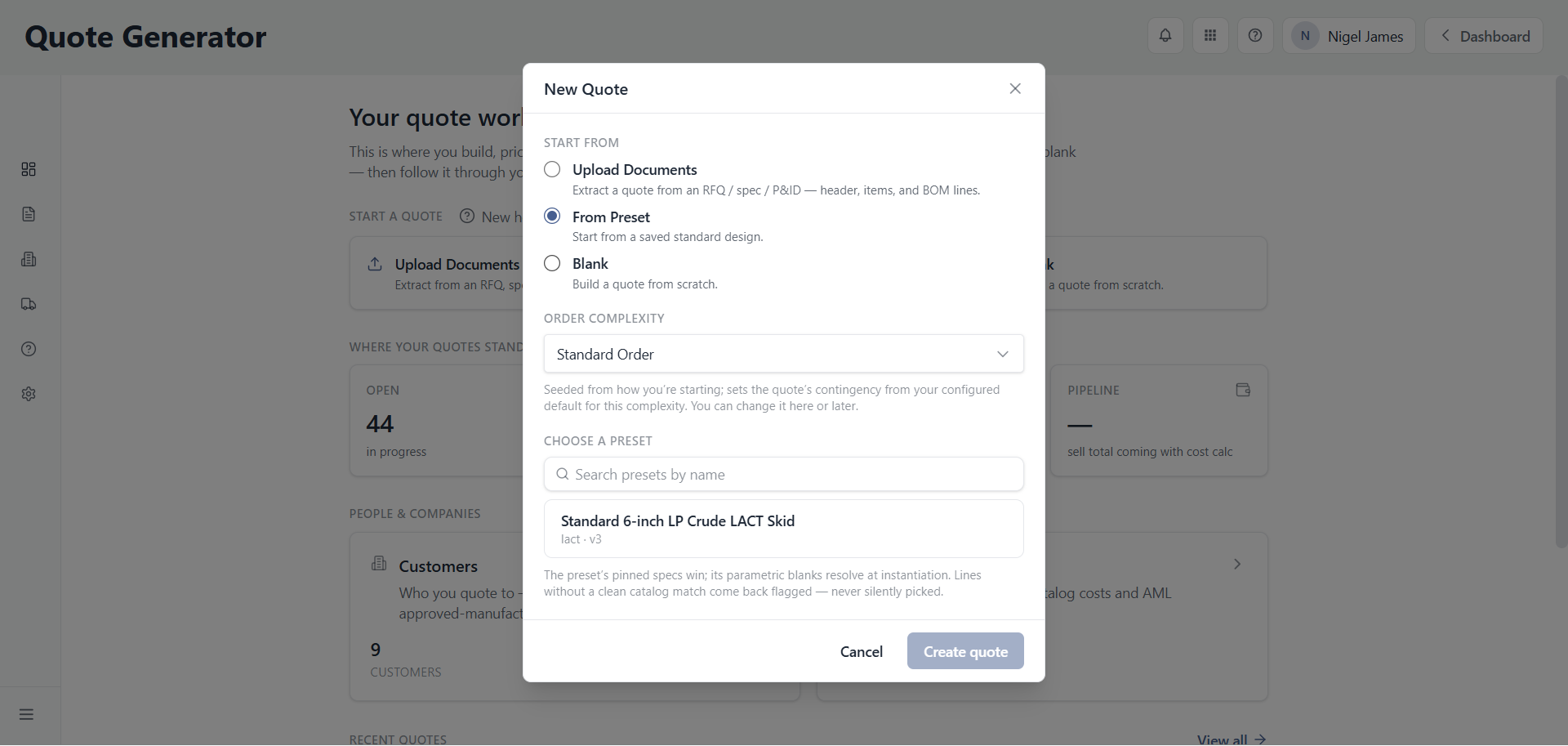 The New Quote dialog showing the Start from options and the Create quote button