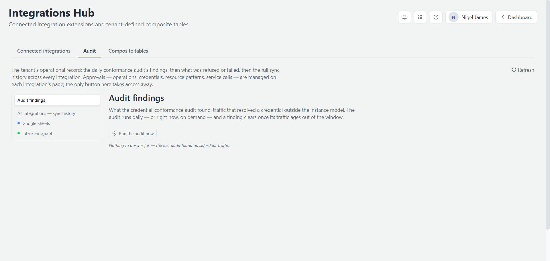 The Audit tab showing audit findings and per-integration sync history, with the Run the audit now button