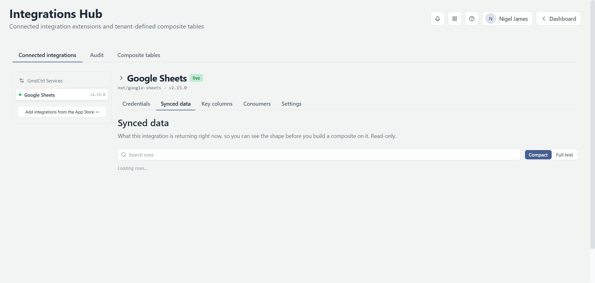 The Synced data tab showing the read-only preview with the Compact / Full text toggle