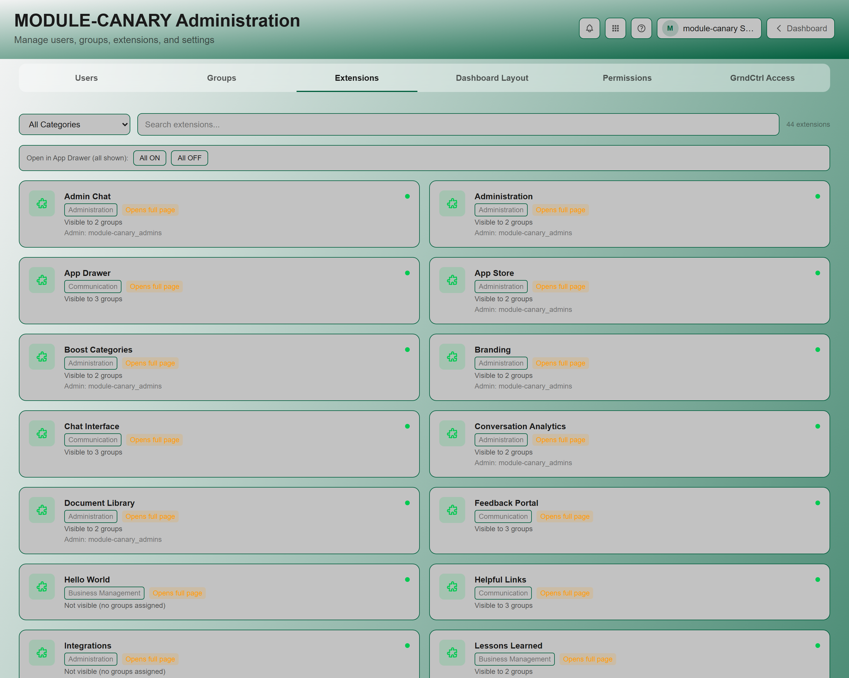 The Administration Extensions tab, showing each extension's group visibility state