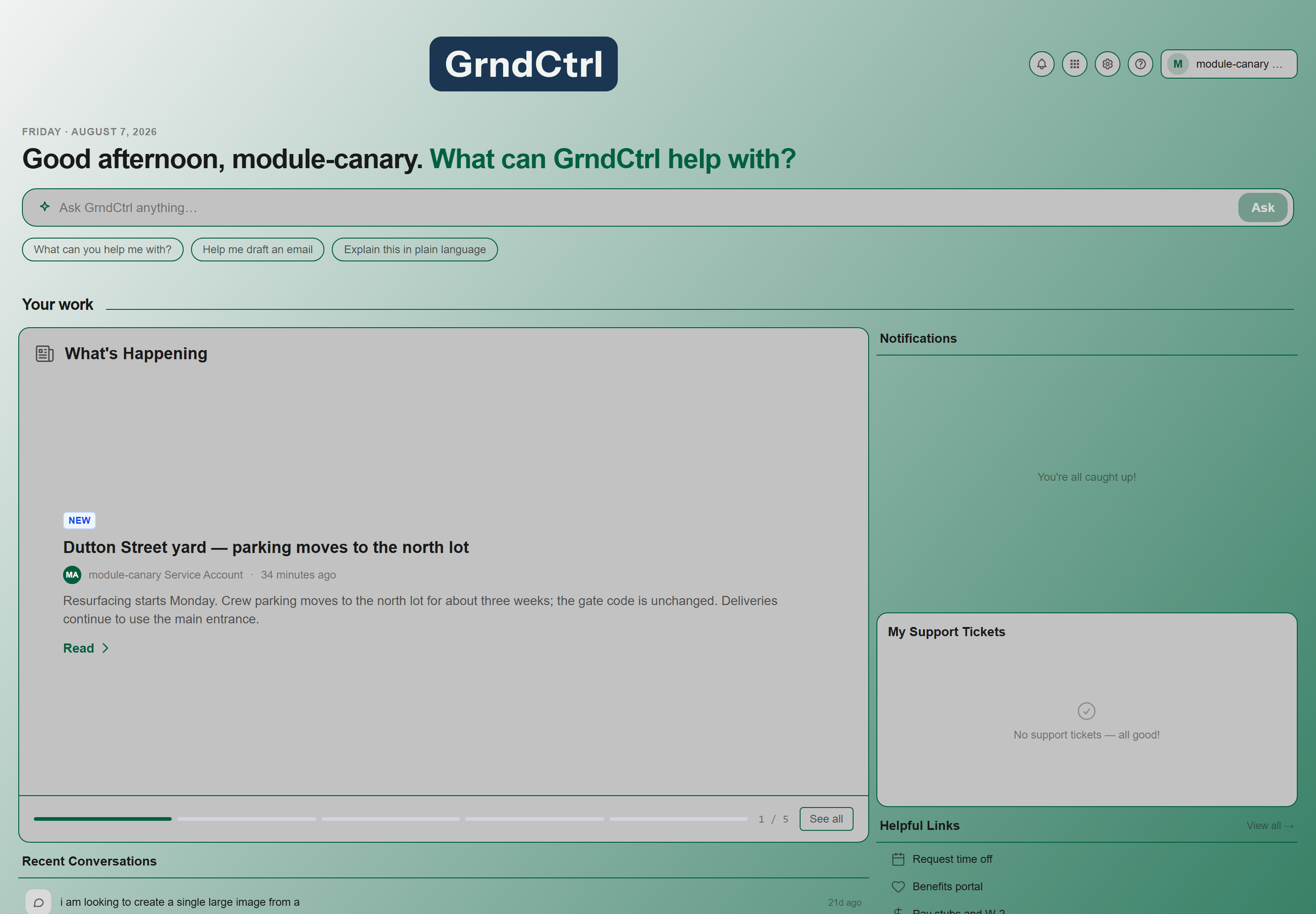 The Home screen widget dashboard, with the What's Happening carousel and the Helpful Links rail