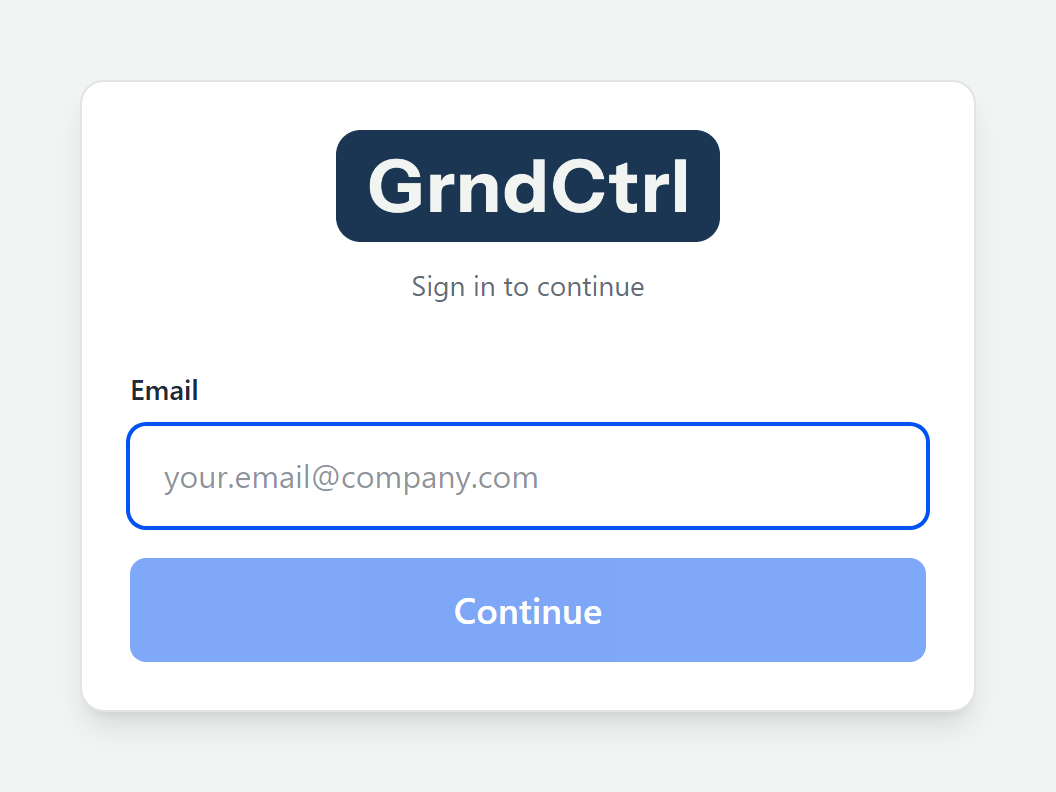 The GrndCtrl sign-in page on its first step, showing a single Email field and a Continue button