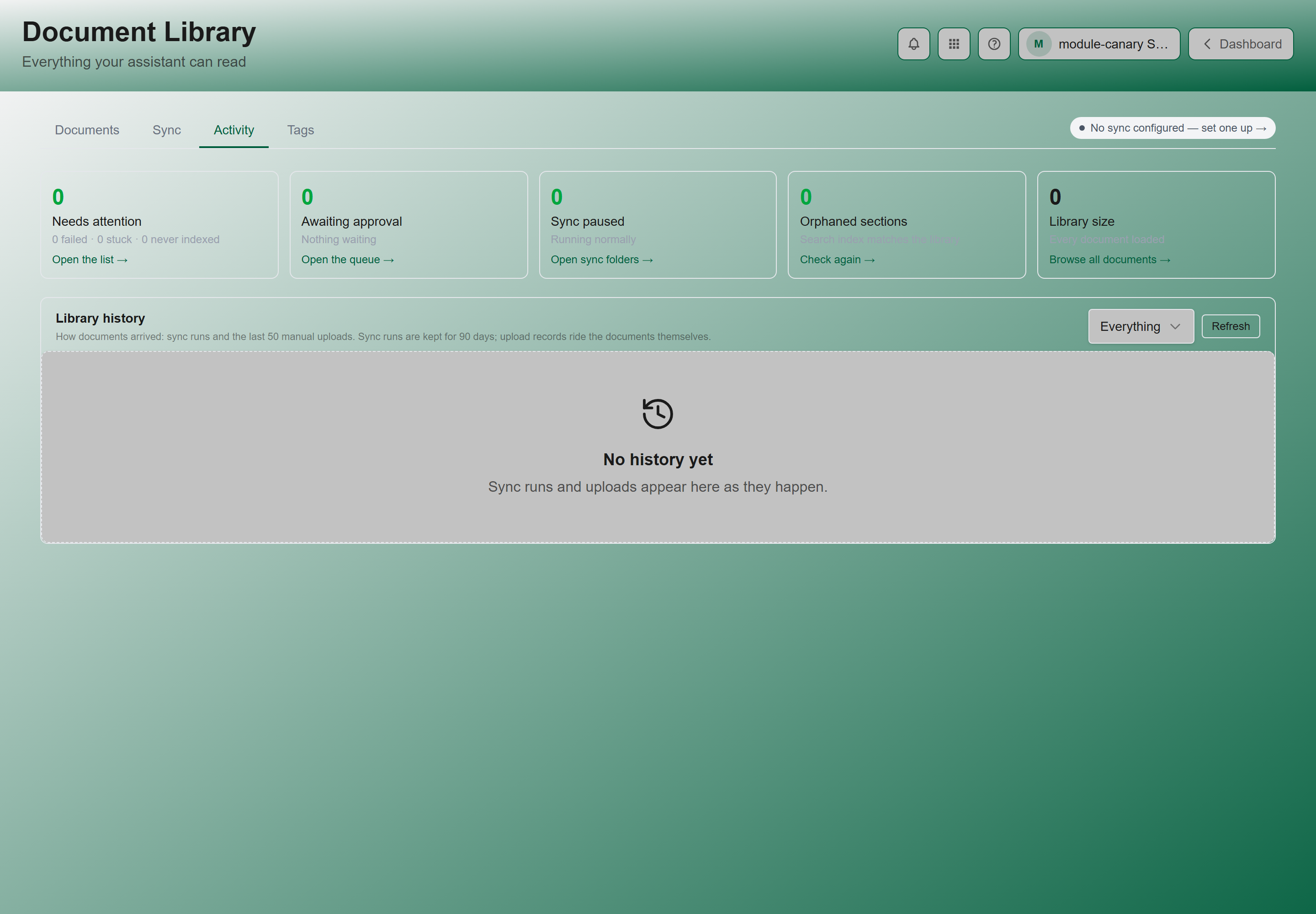 The Document Library Activity tab, showing the finding cards above the library history