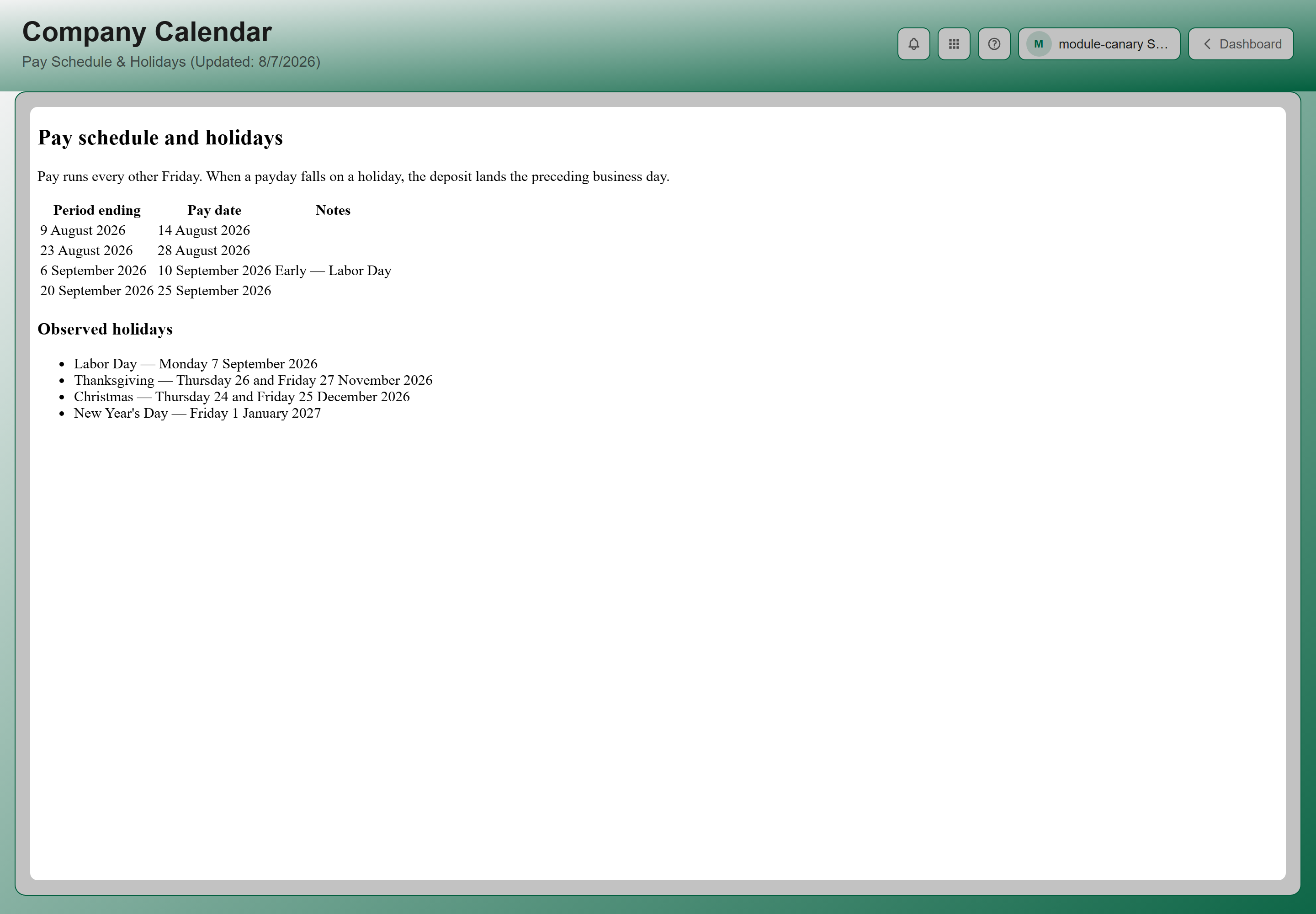 The Company Calendar page showing the pay schedule table and the observed holidays list