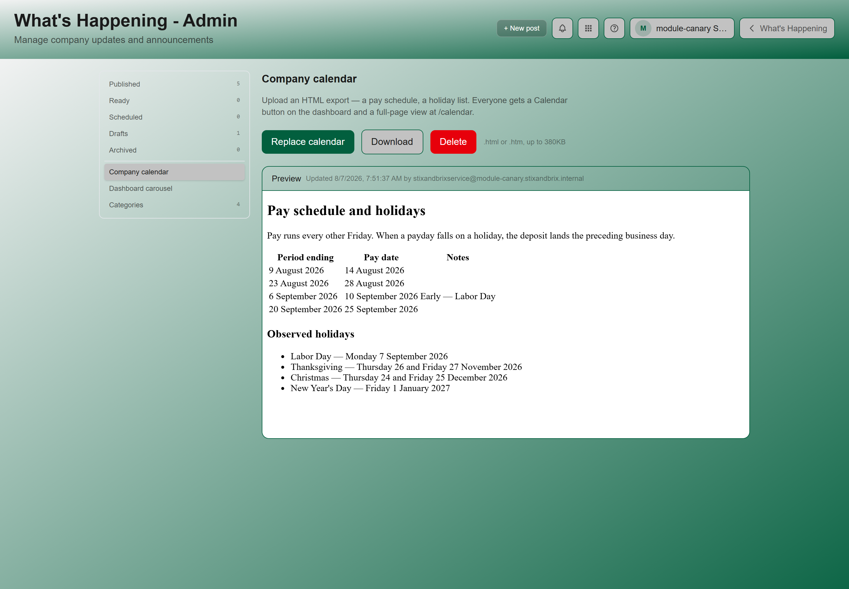 The Company calendar admin section, with the Replace calendar button and the preview pane