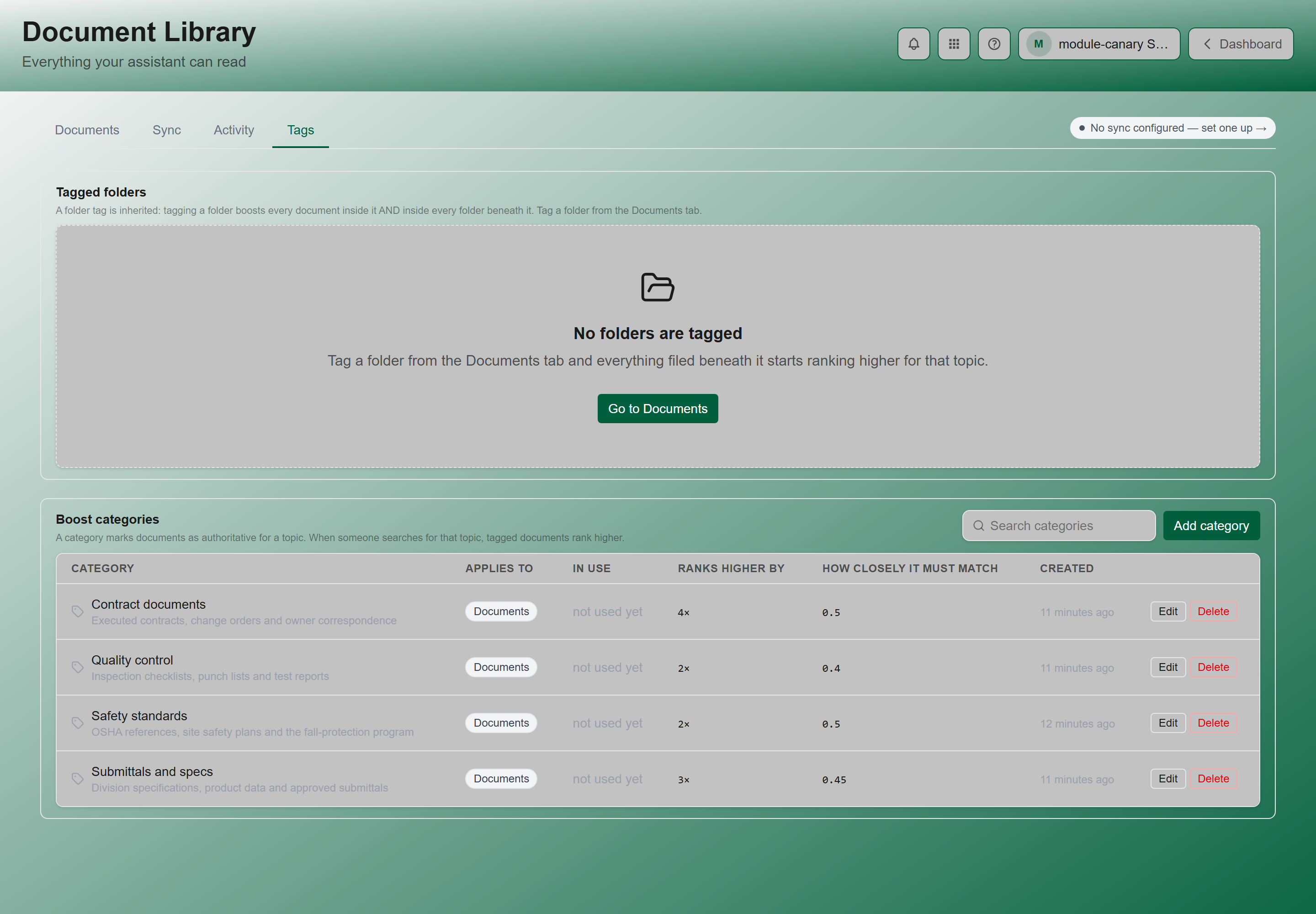 The Document Library Tags tab, showing tagged folders above the boost categories list