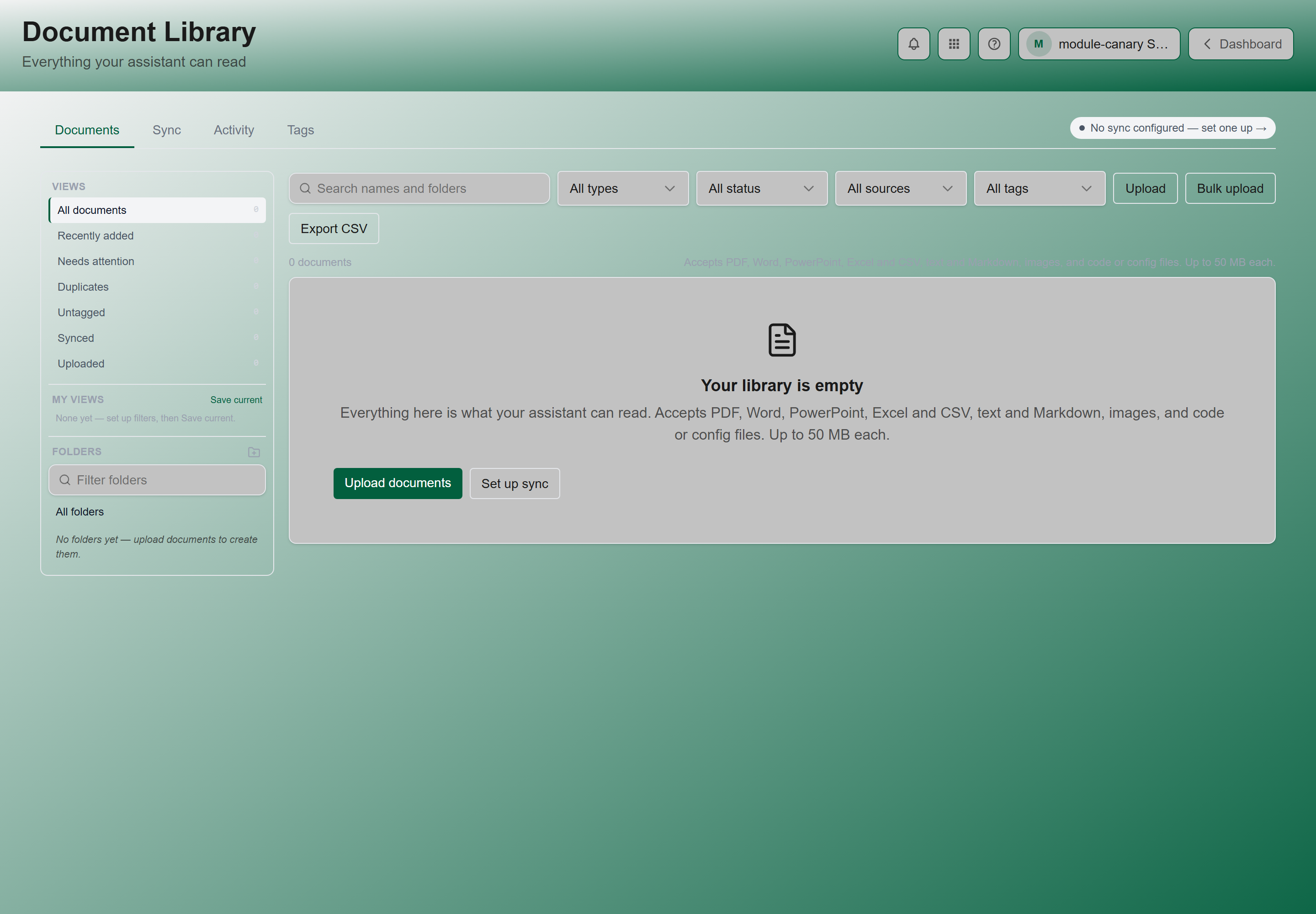 The Document Library on the Documents tab, with the views and folders rail beside the document list