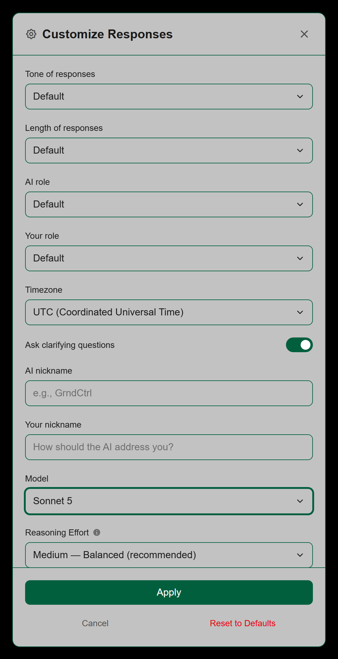 The Customize Responses panel with Model set to Sonnet 5, so the Reasoning Effort control is shown