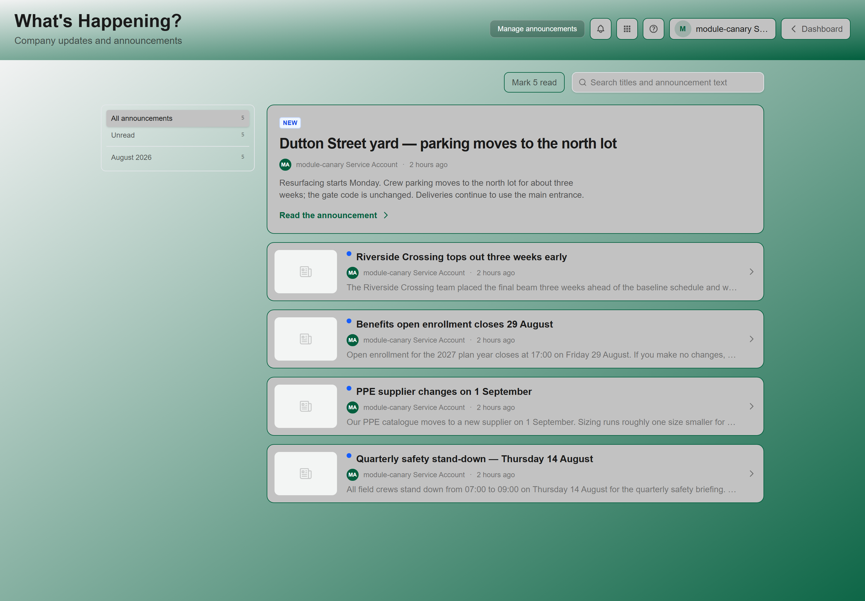 The What's Happening feed showing announcement cards with titles, authors and dates