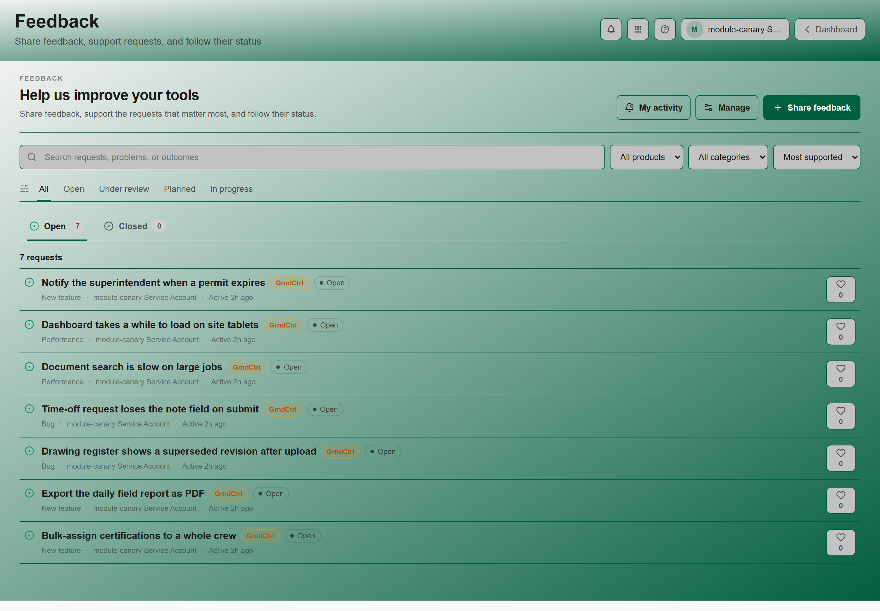 The Feedback portal showing the request list with vote counts and status