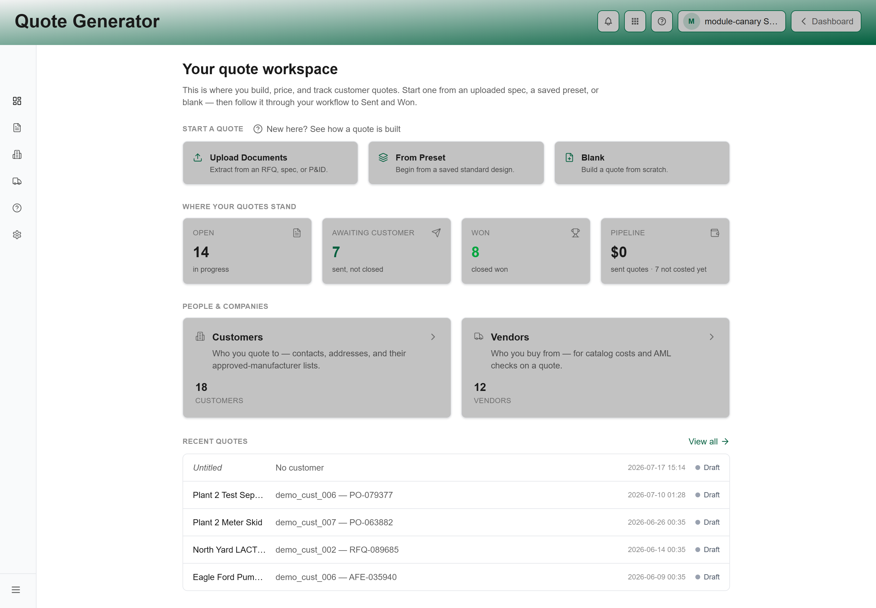 The Quote Generator workspace showing the sidebar and KPI cards