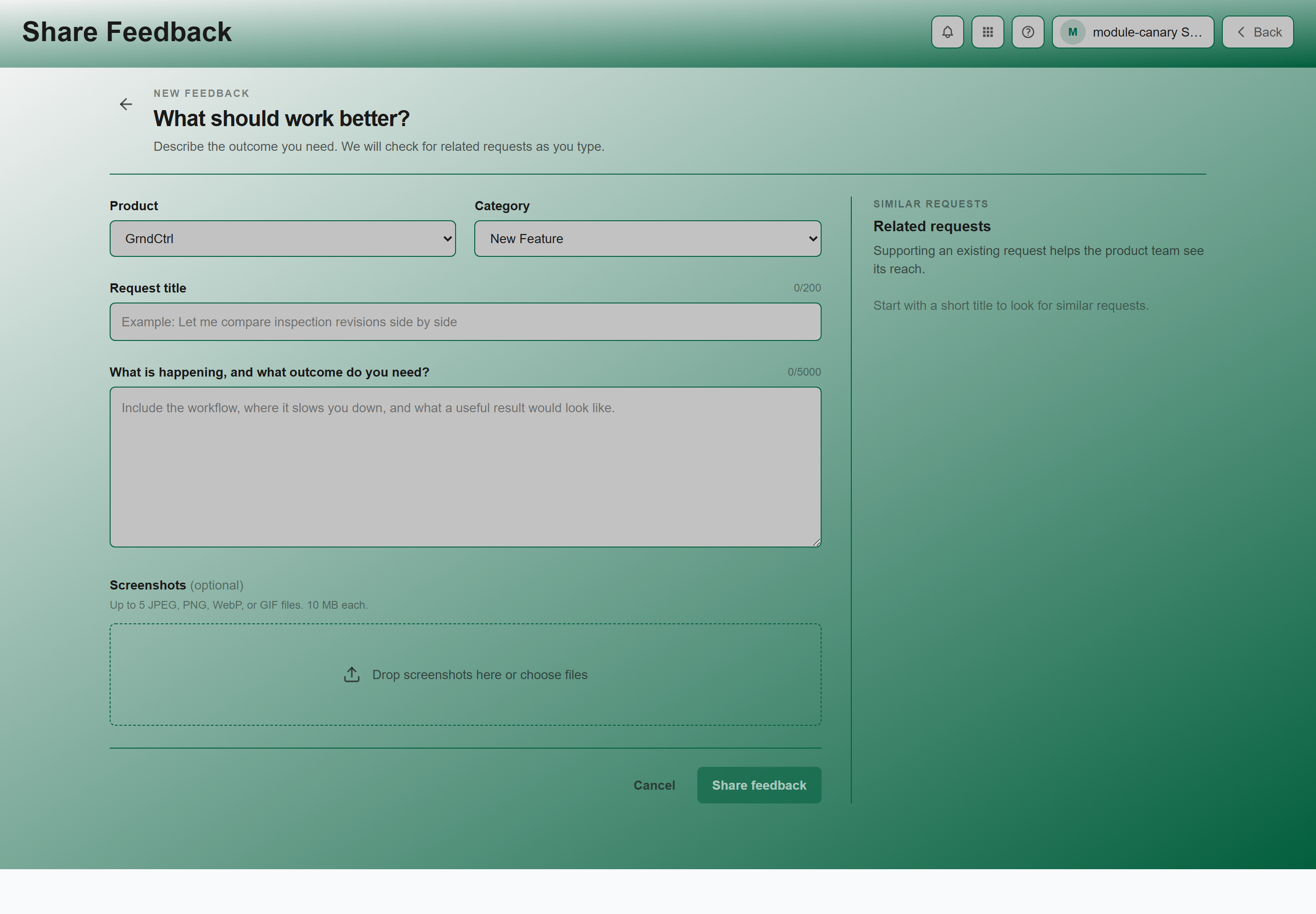 The Share feedback form showing the Title, Description and Category fields