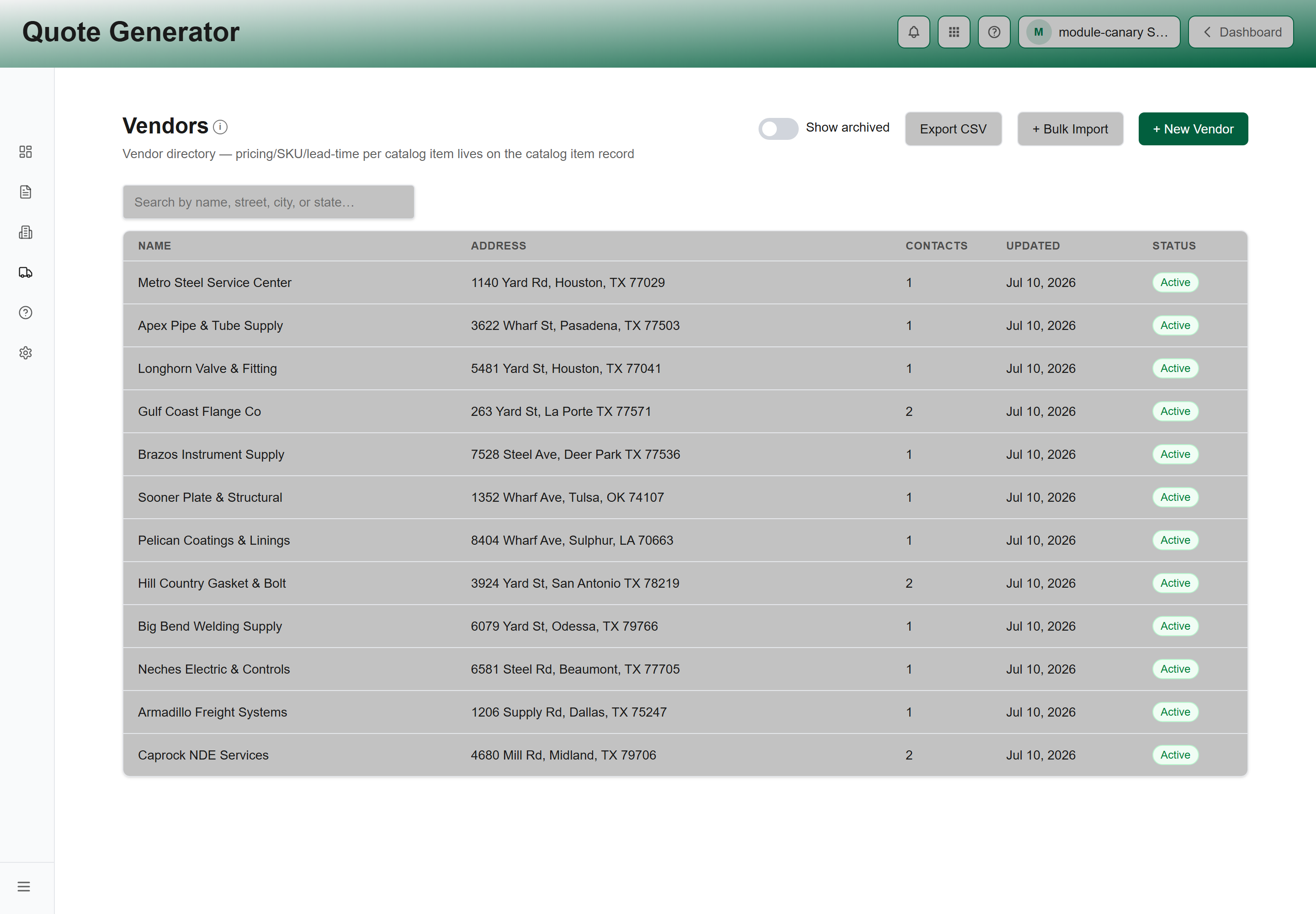 The Quote Generator Vendors directory with New Vendor, Bulk Import and Export CSV