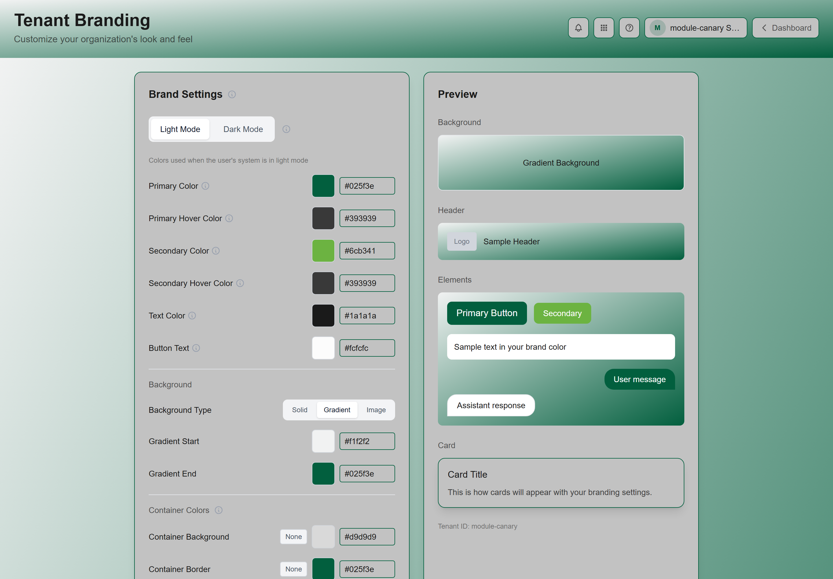 Tenant Branding showing logo upload, colour pickers and theme controls