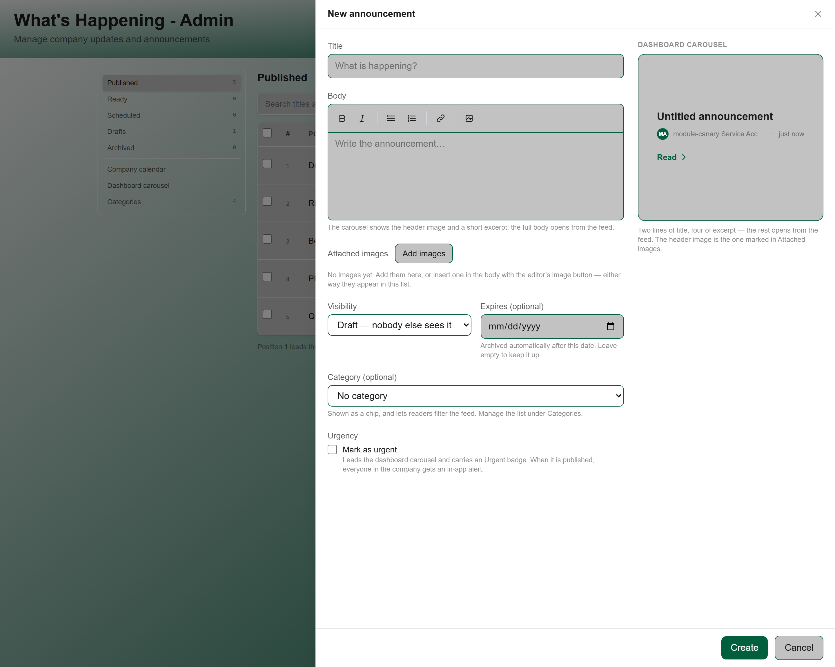 The new announcement form with title, content editor, image upload and expiry date
