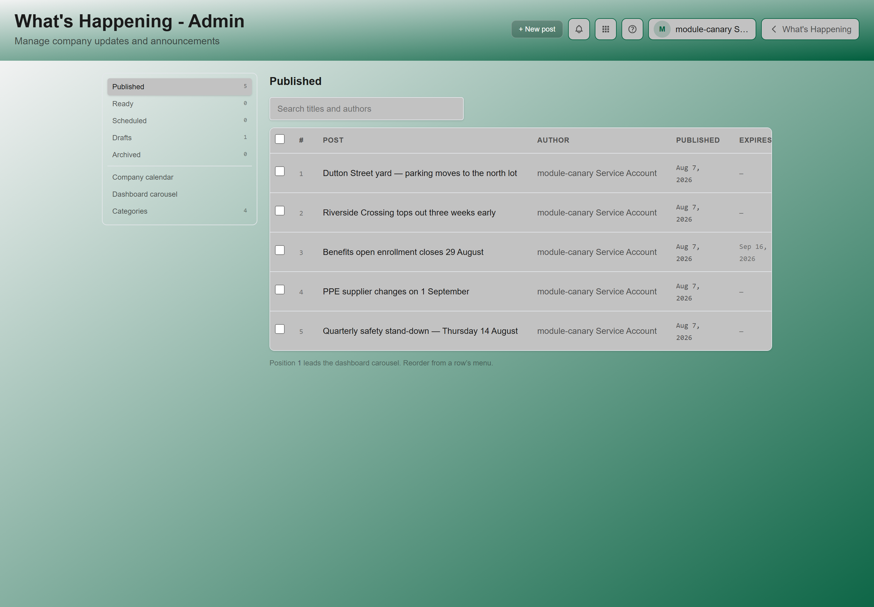 What's Happening Admin showing the announcement list with its status counts