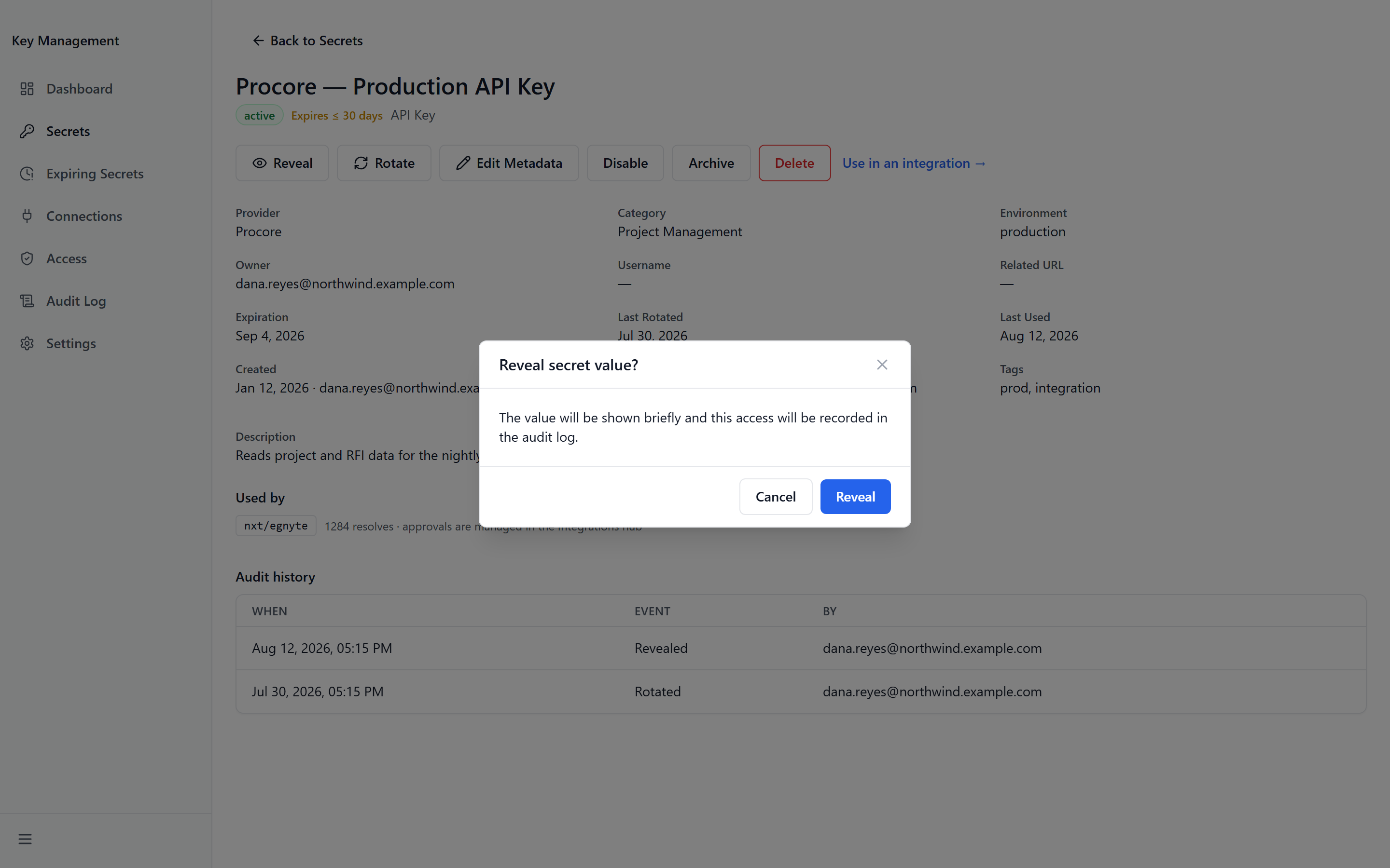 The confirmation asking whether to reveal a secret value, warning that the access is recorded in the audit log