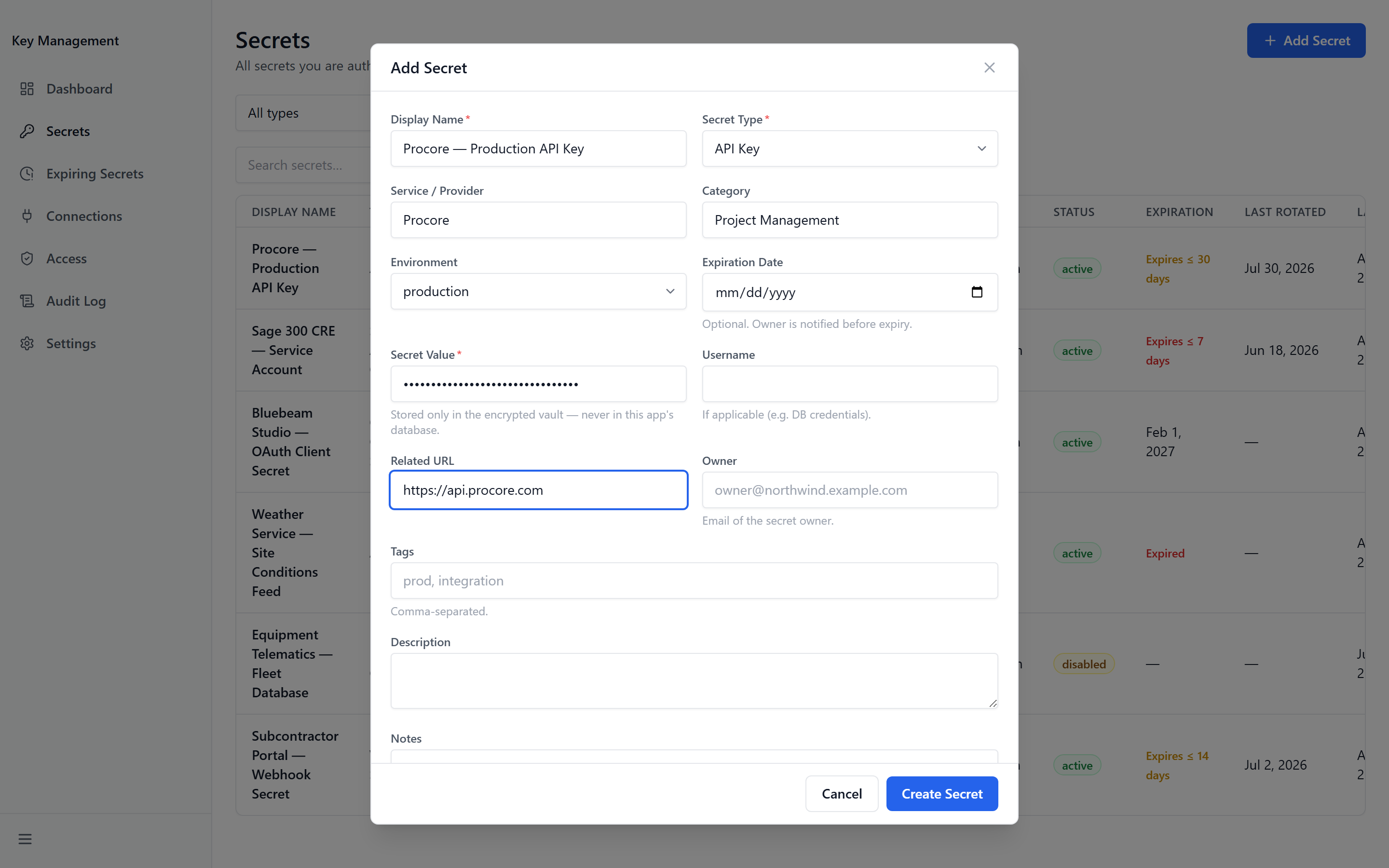 The Add Secret form, with Display Name, Secret Type, provider and category filled in and the secret value masked