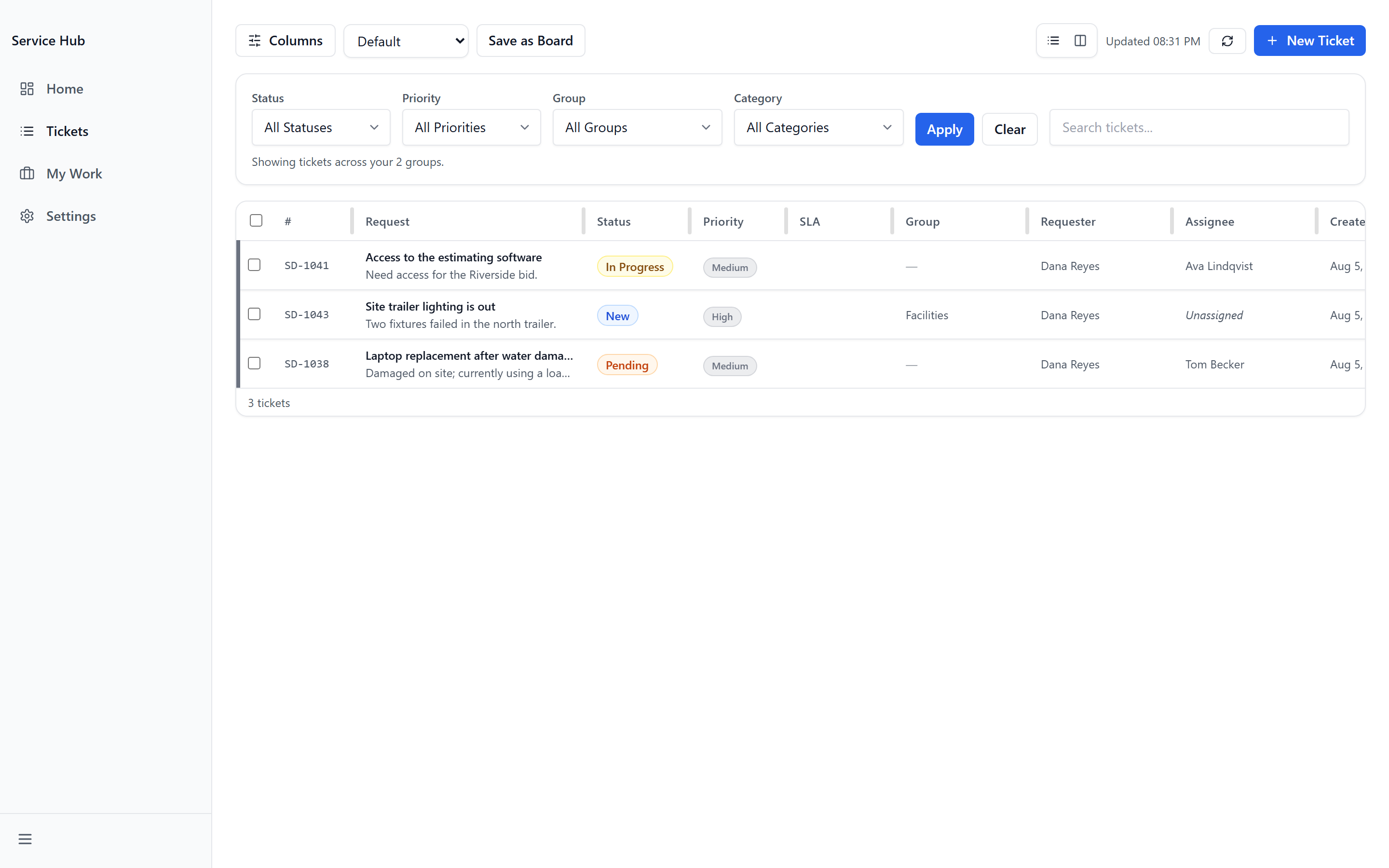 The Service Hub ticket queue with status, priority, group and category filters above a list of open requests