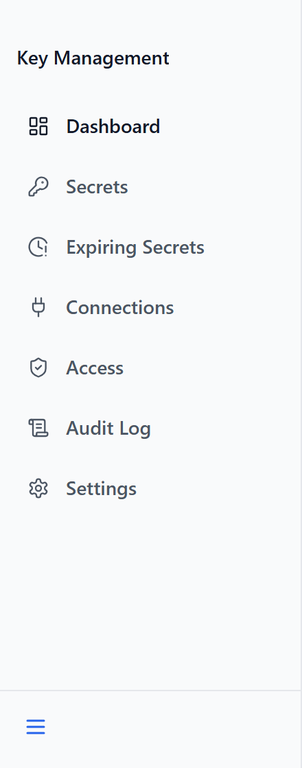 The Key Management sidebar expanded, listing Dashboard, Secrets, Expiring Secrets, Connections, Access, Audit Log and Settings