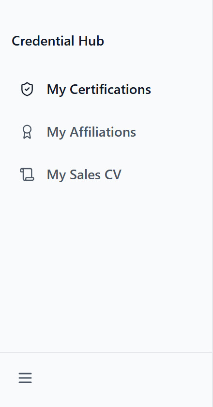The Credential Hub sidebar as an employee sees it, with My Certifications, My Affiliations and My Sales CV